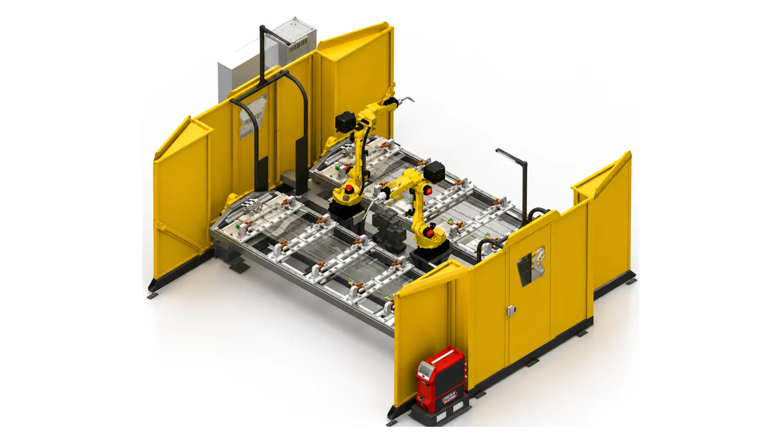 Compact welding cell with robot, two stations and the panel on a single frame