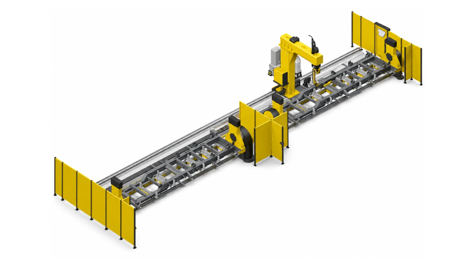 Trailer chassis welding on an 18-metre synchronised slider with an inverted boom