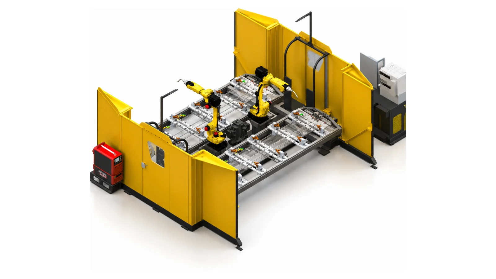 Compact welding cell with robot, two stations and the panel on a single frame