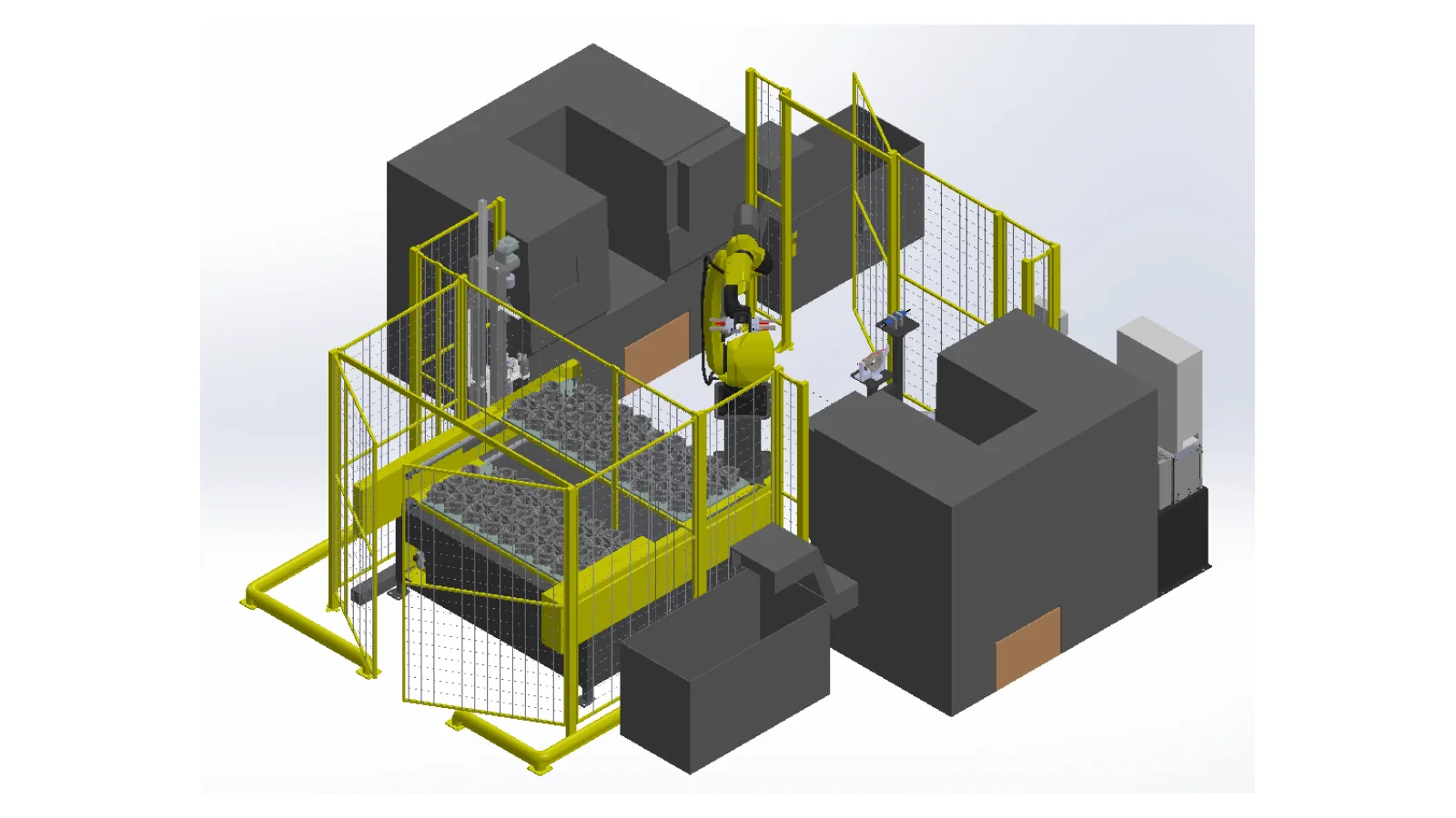 Çift el gripper ve raf sistemiyle iki CNC tezgaha robotik parça besleme