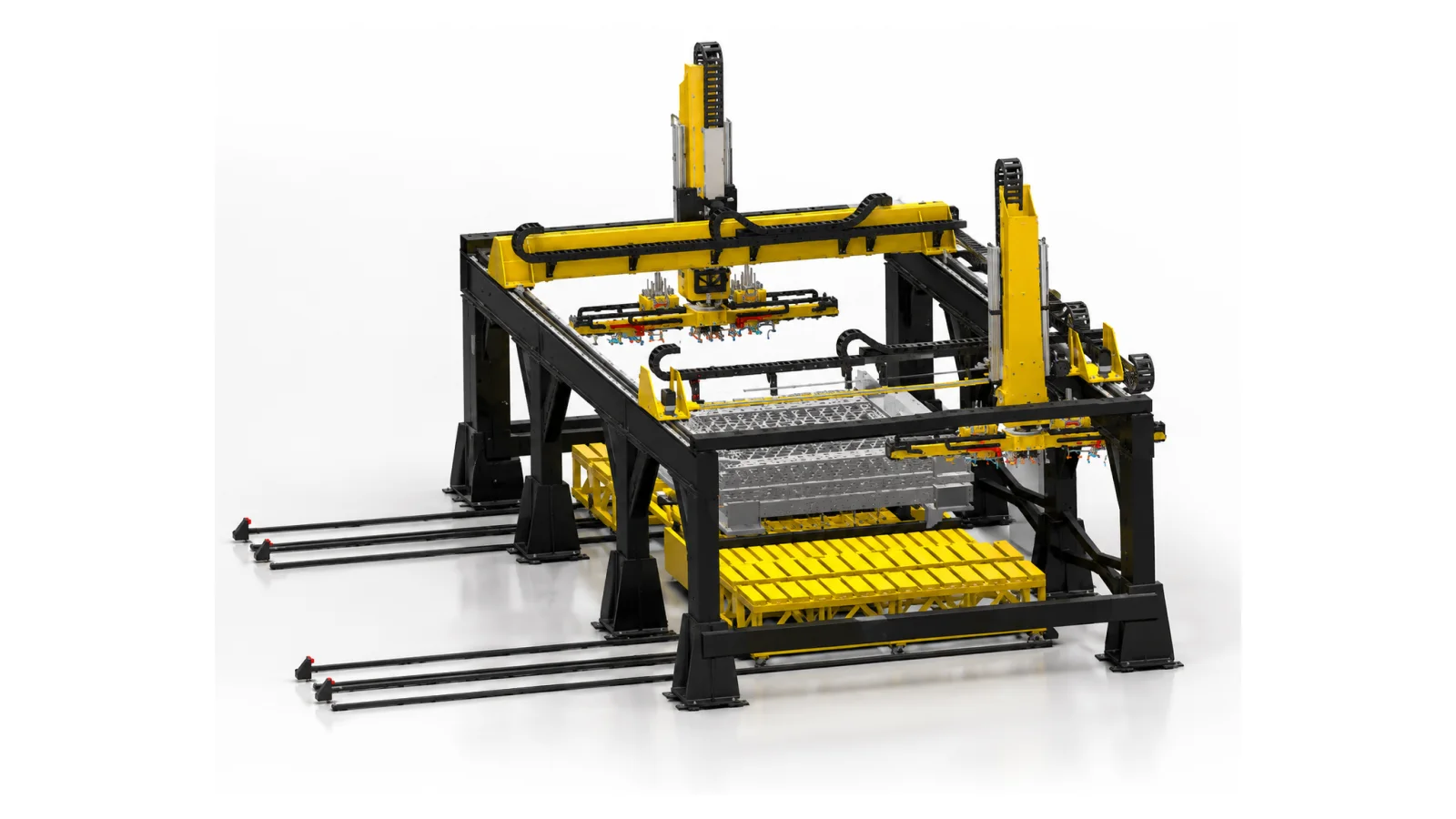 Fully automatic core stacking station with camera-guided twin cartesian gantries