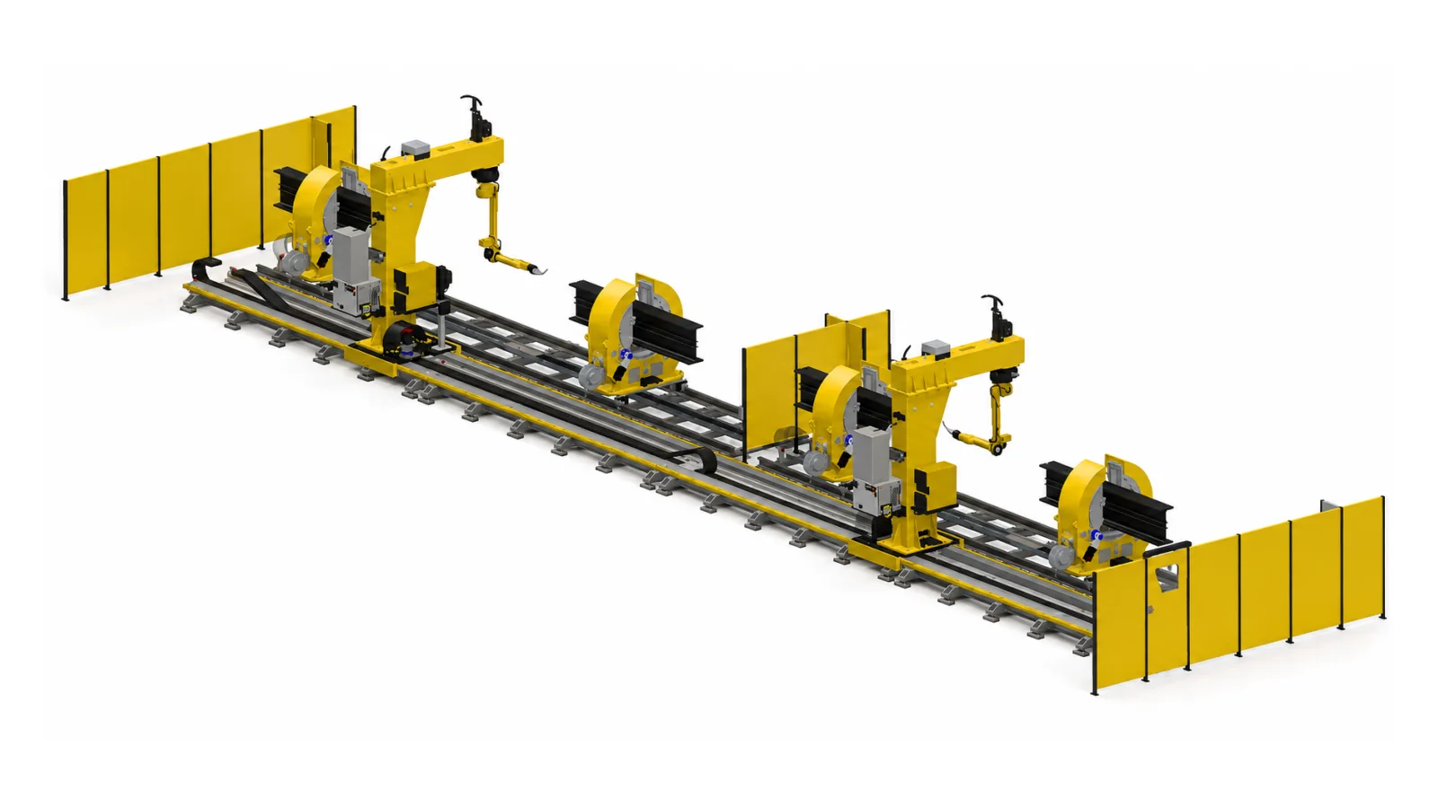 24 metrelik slider üzerinde ters asılı iki robotla yapısal çelik kaynağı